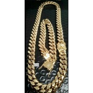 New 18k yellow gold over stainless steel Cuban link chain and bracelet set